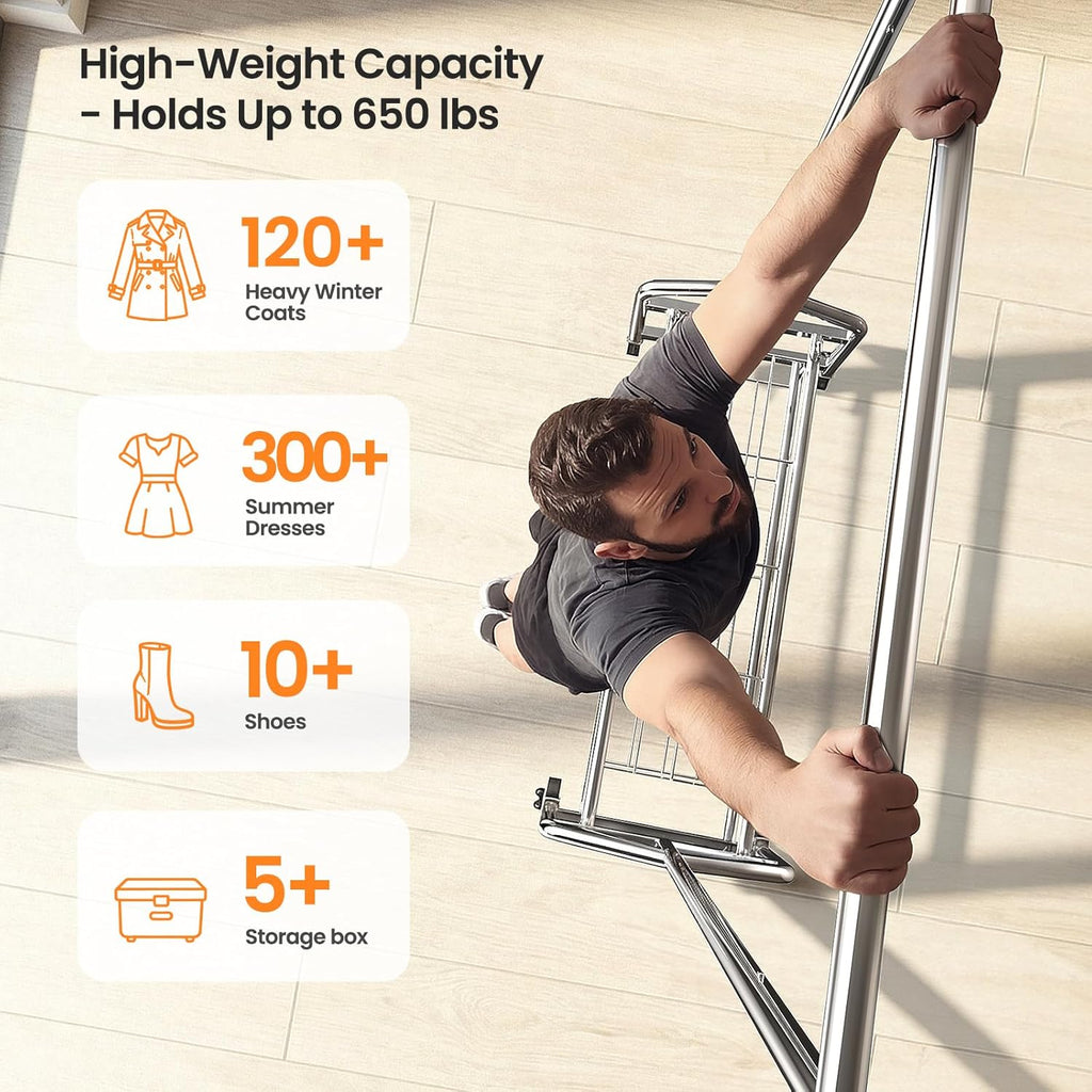 Skiennix Heavy Duty Clothes Rack - Rolling Metal Garment Rack with 650 LBS Capacity & 2 Shelves | Silver