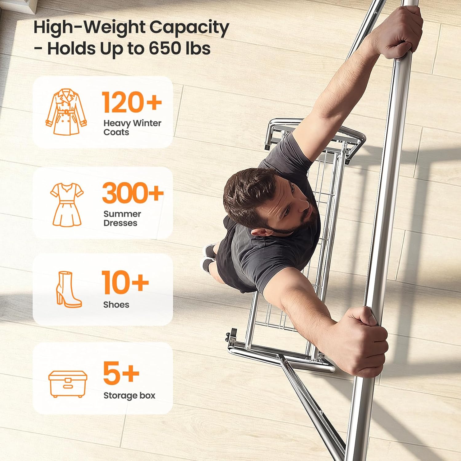 Skiennix Heavy Duty Clothes Rack - Rolling Metal Garment Rack with 650 LBS Capacity & 2 Shelves | Silver