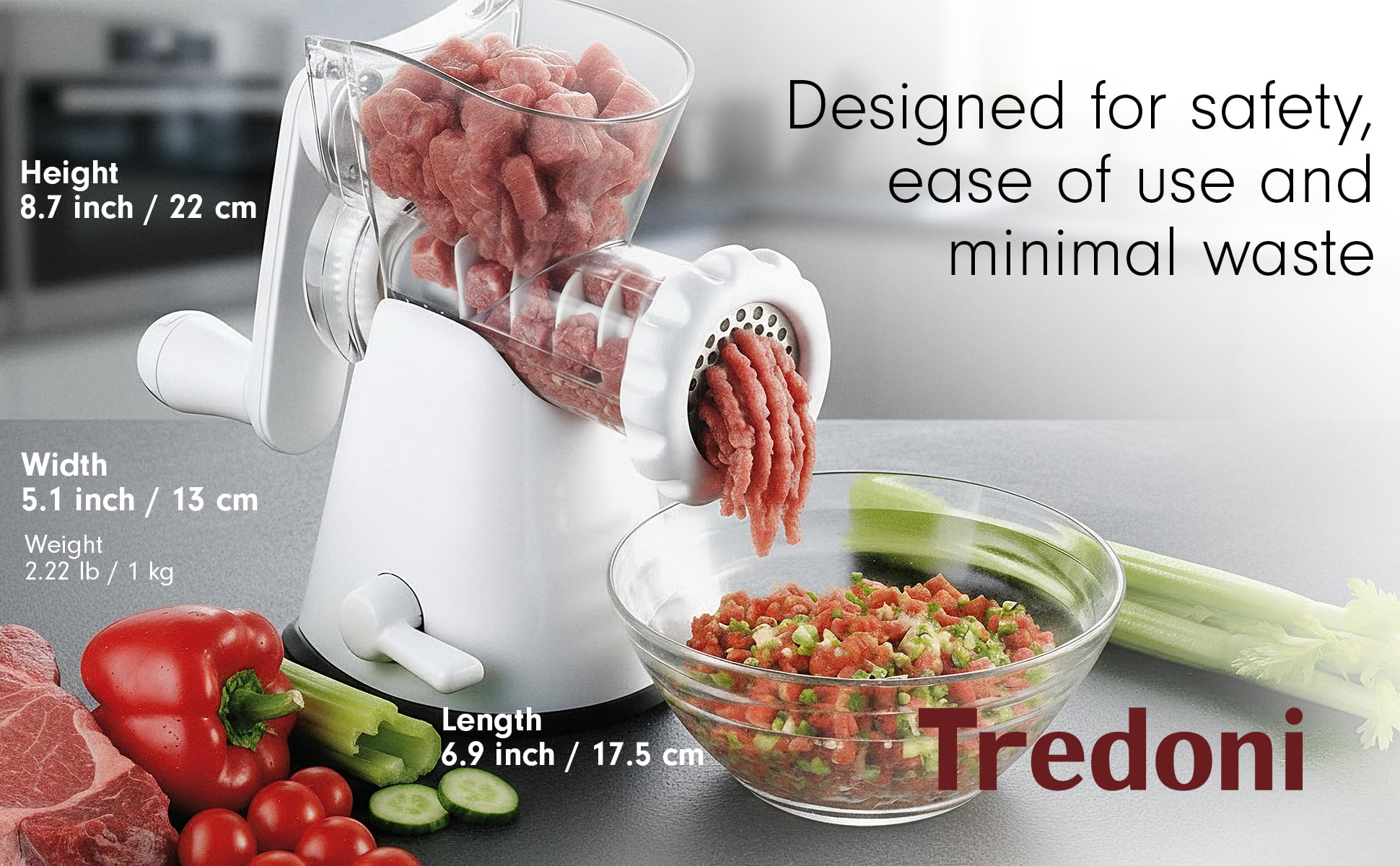 Tredoni Manual Meat Mincer Grinder & Vegetable Shredder, Biscuit Press Machine Cookie Maker + Churros/Biscuits Pattern Attachment (4 Patterns), White