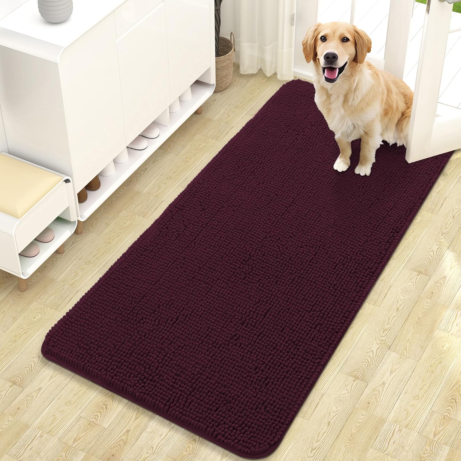 OLANLY Dog Door Mat - Absorbent Non-Slip Chenille Mat for Muddy Paws | 47x24 Inches, Quick Dry, Russet