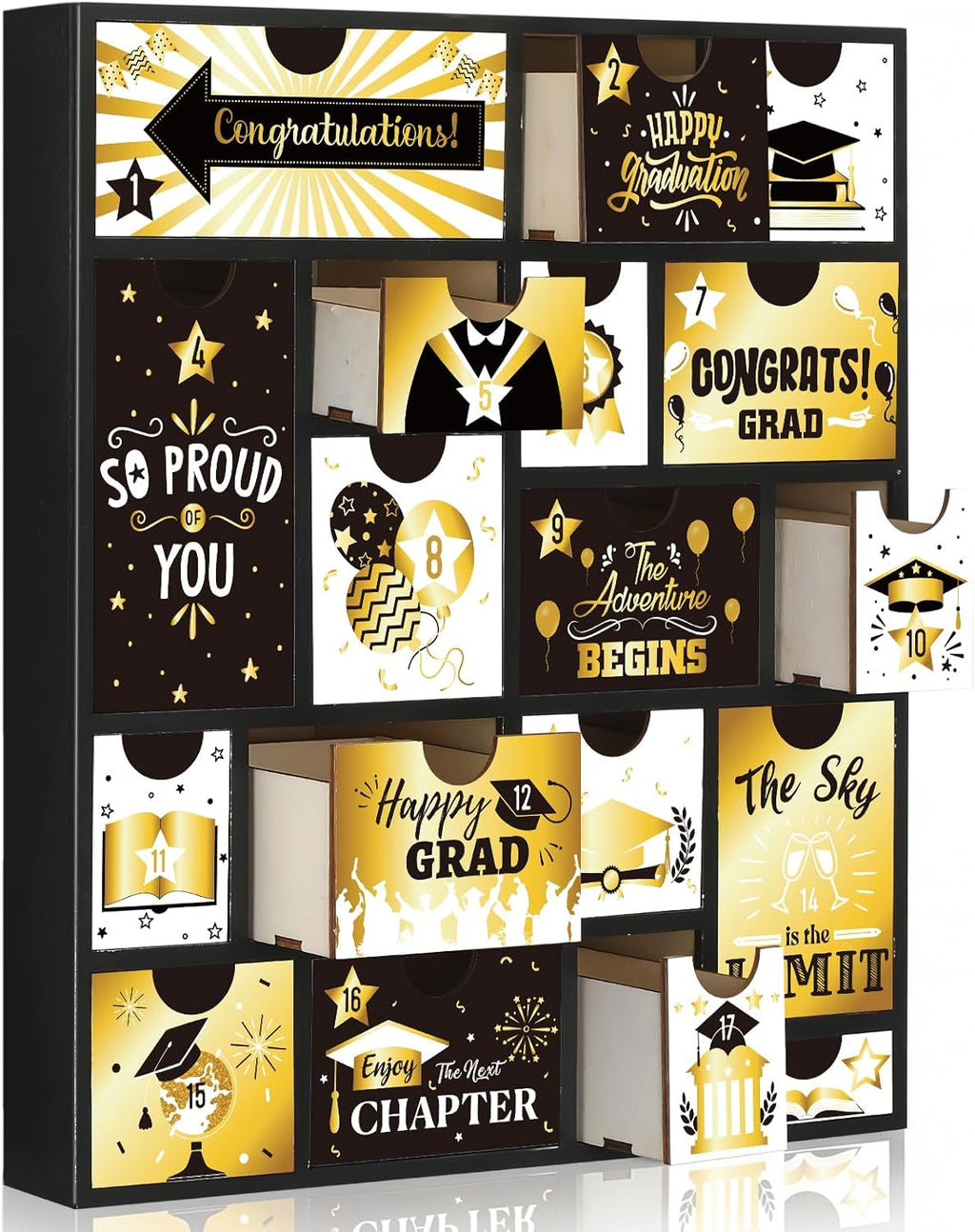 Novabright Graduation Countdown Calendar - 18 Days Fillable Advent Box with 18 Drawers | Black Gold