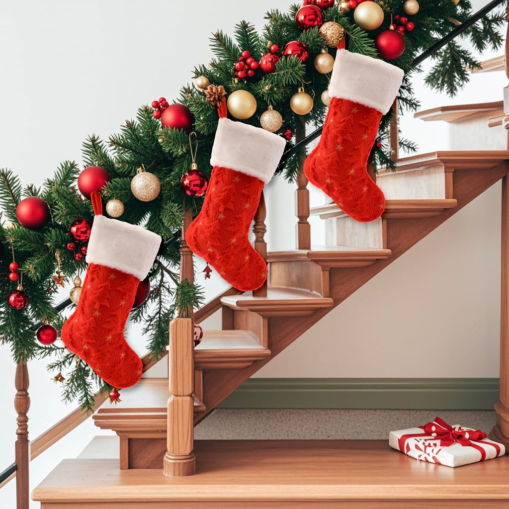 Christmas Stocking, red Sock has a Christmas Tree Shape., Plush White Cuff, 20 Inch Holiday Decor, Bone Shaped Design