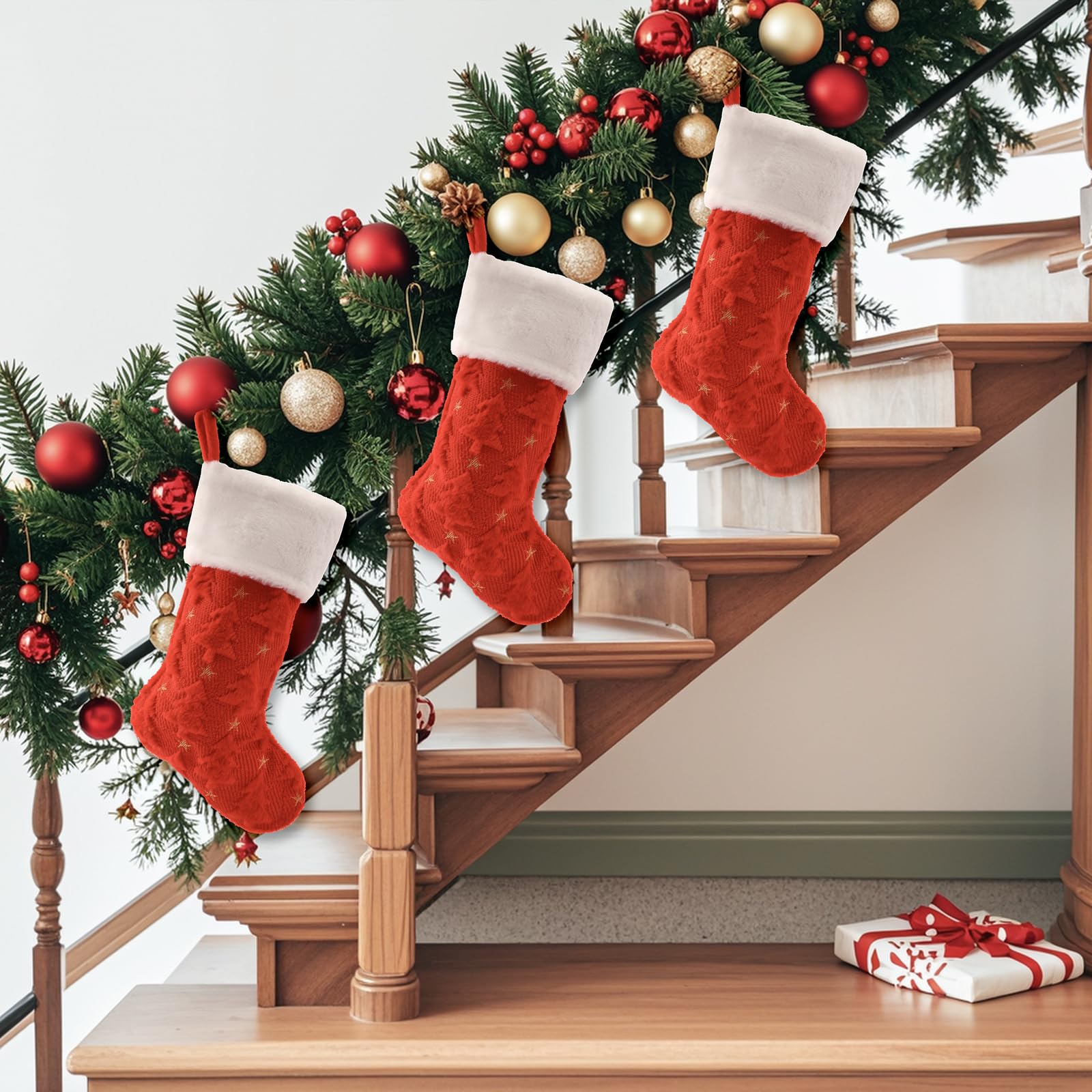 Christmas Stocking, red Sock has a Christmas Tree Shape., Plush White Cuff, 20 Inch Holiday Decor, Bone Shaped Design