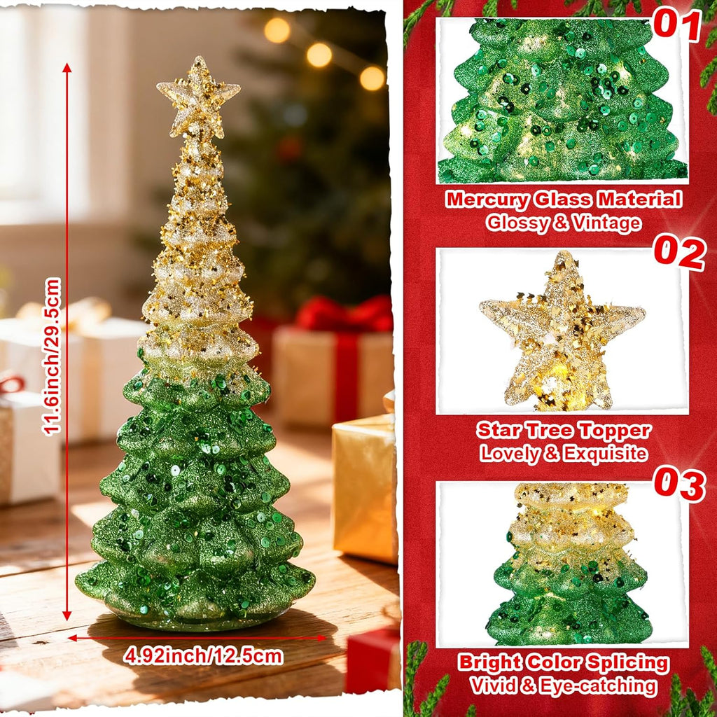 Mercury Glass Christmas Tree - Illuminated Tabletop Decor | 11.6" Gold Battery-Operated Centerpiece