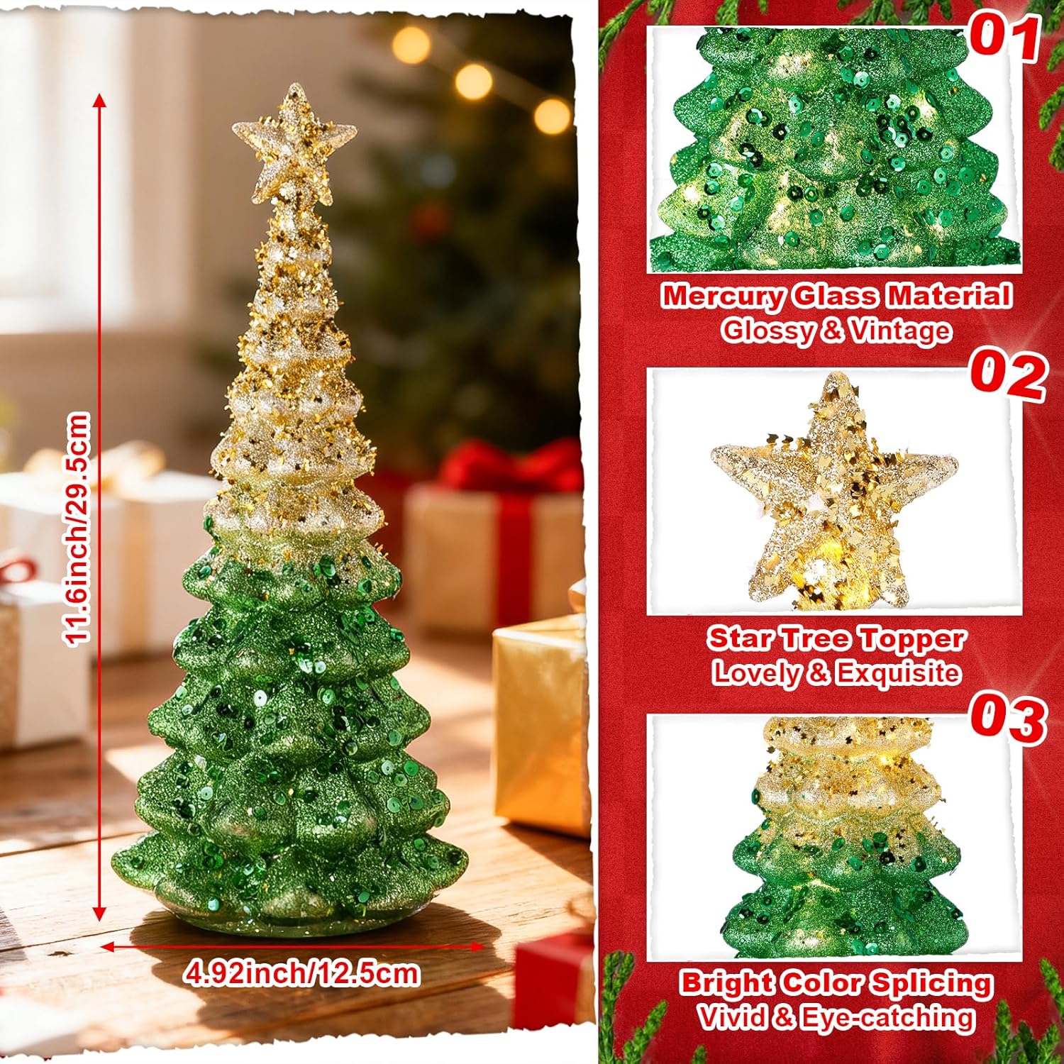 Mercury Glass Christmas Tree - Illuminated Tabletop Decor | 11.6" Gold Battery-Operated Centerpiece