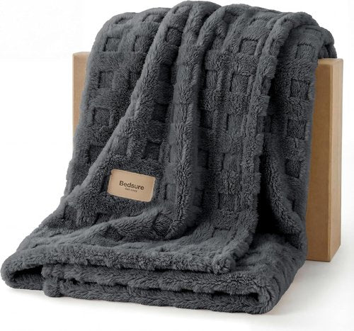 Bedsure Waffle Throw Blanket - Cozy Dark Grey Fluffy Fleece Blanket for Couch | 50x60 Inches