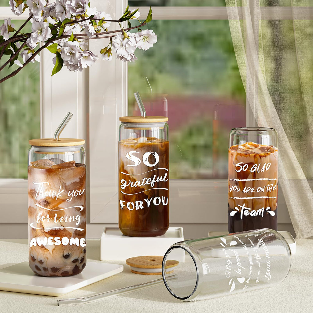 12 Set Employee Appreciation Gift, Inspirational Thank You for Women Best Friends, Teacher, Nurse, Boss, Staff - Farewell for Coworkers, 20oz Glass Cups With Lids and Straws (Mixed)