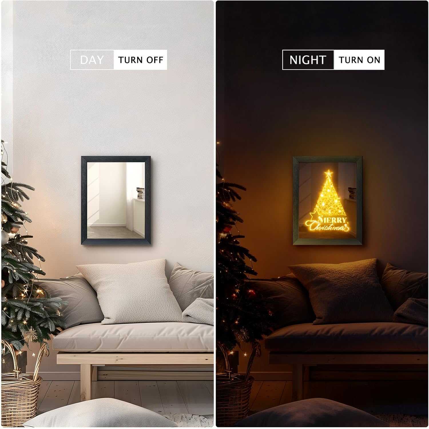 VIYYIEA Christmas Decor - 3-in-1 LED Light Mirror | Versatile Xmas Tree Wall Art, USB Powered, Modern Design 14L x 11W