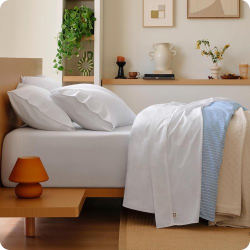 Bedsure 100% Washed Cotton Percale Sheets - Soft & Breathable 6-Piece Queen Set with 18" Deep Pocket (White)