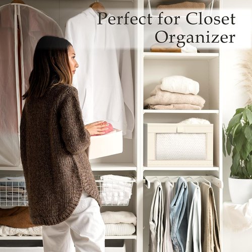 Criusia Closet Organizers - 4 Pack Linen Storage Baskets with Mesh Window | Foldable for Clothing, Toys, Beige