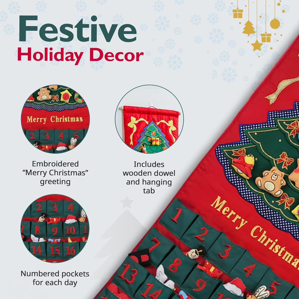 Pockets of Learning Merry Christmas Green Tree Advent Calendar - Festive Fabric Wall Hanging | 24 Stuffed Ornaments