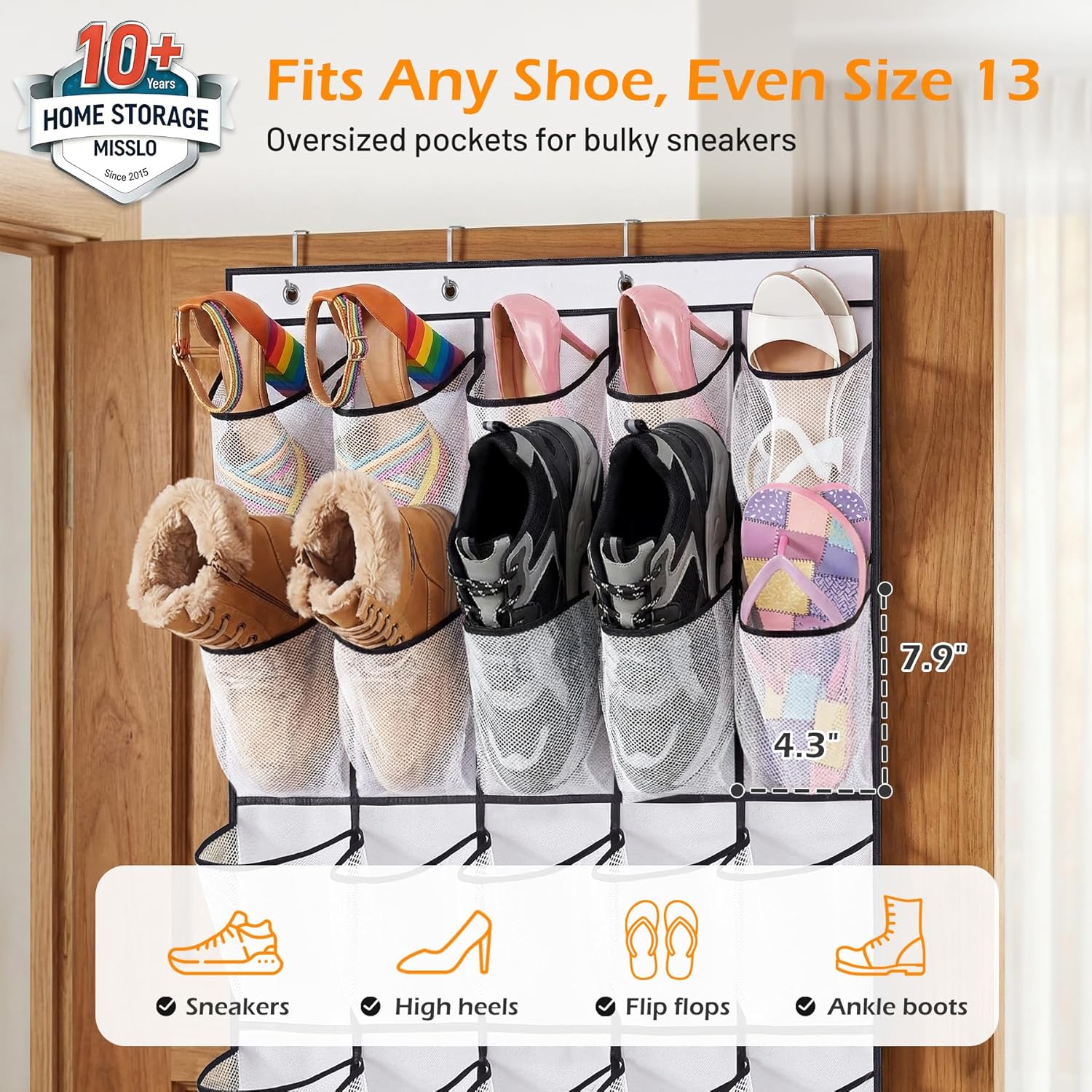 MISSLO Over The Door Shoe Organizer - 35 Large Pockets, Sturdy Oxford Fabric, White
