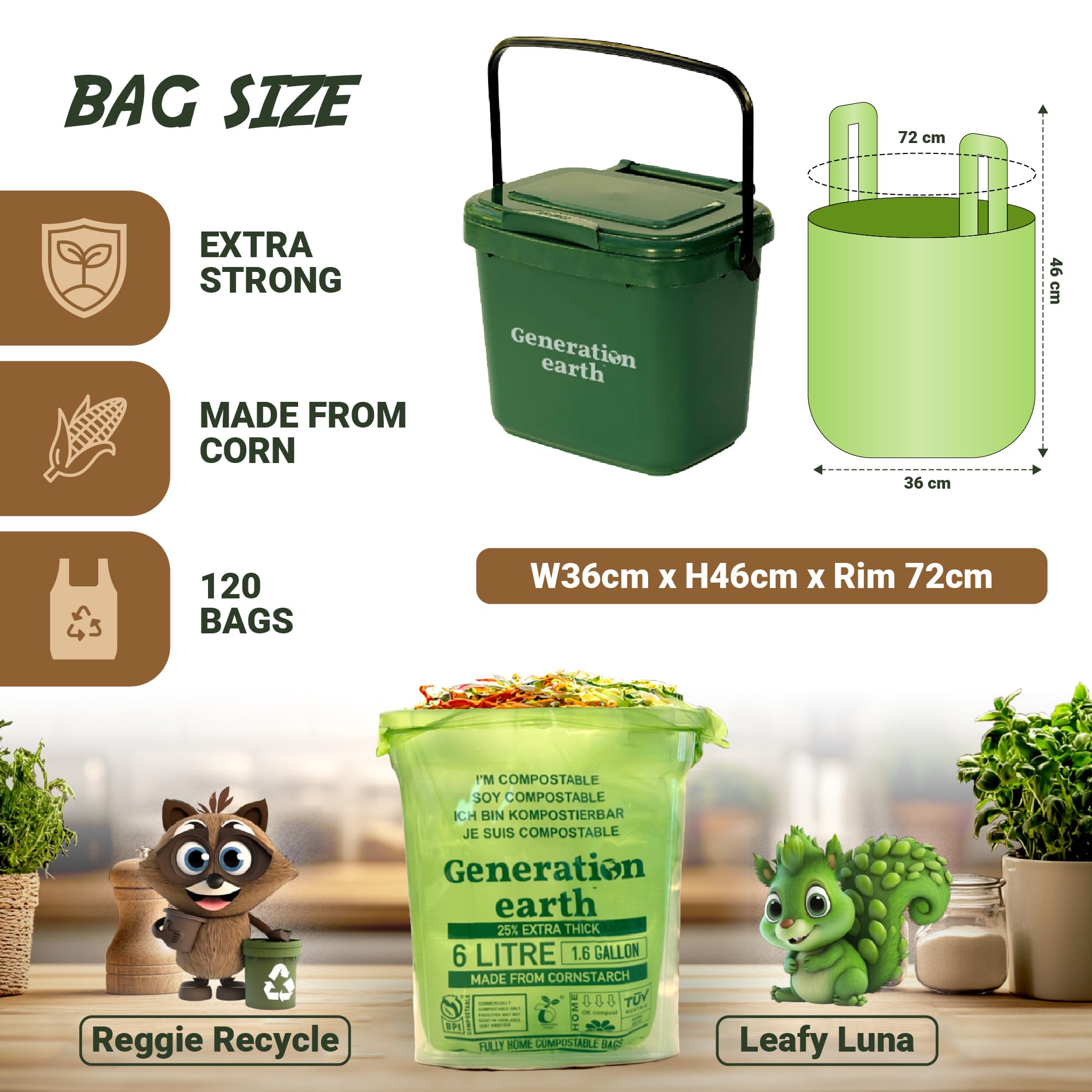 120 Bags 1.6 Gallon (6L) | Tie Handle Compostable Food Waste Bags | BPI Certified Kitchen Countertop Compost Bin Liners | Extra Strong Biodegradable Caddy Bags | Generation earth