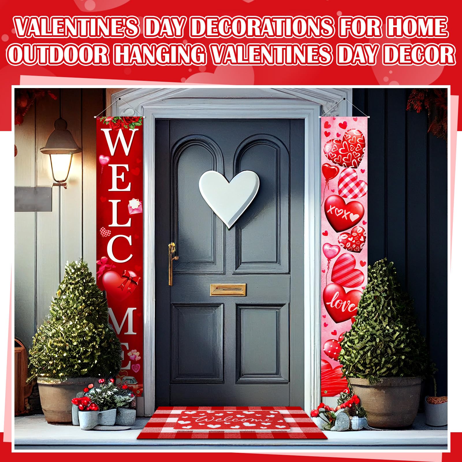 Hahafelt 3 Pcs Valentines Door Mat Front Door Non-Slip Heart Doormat Banner Set Buffalo Plaid Welcome Doormat for Indoor Outdoor Holiday Decoration, Entryway Porch Decor