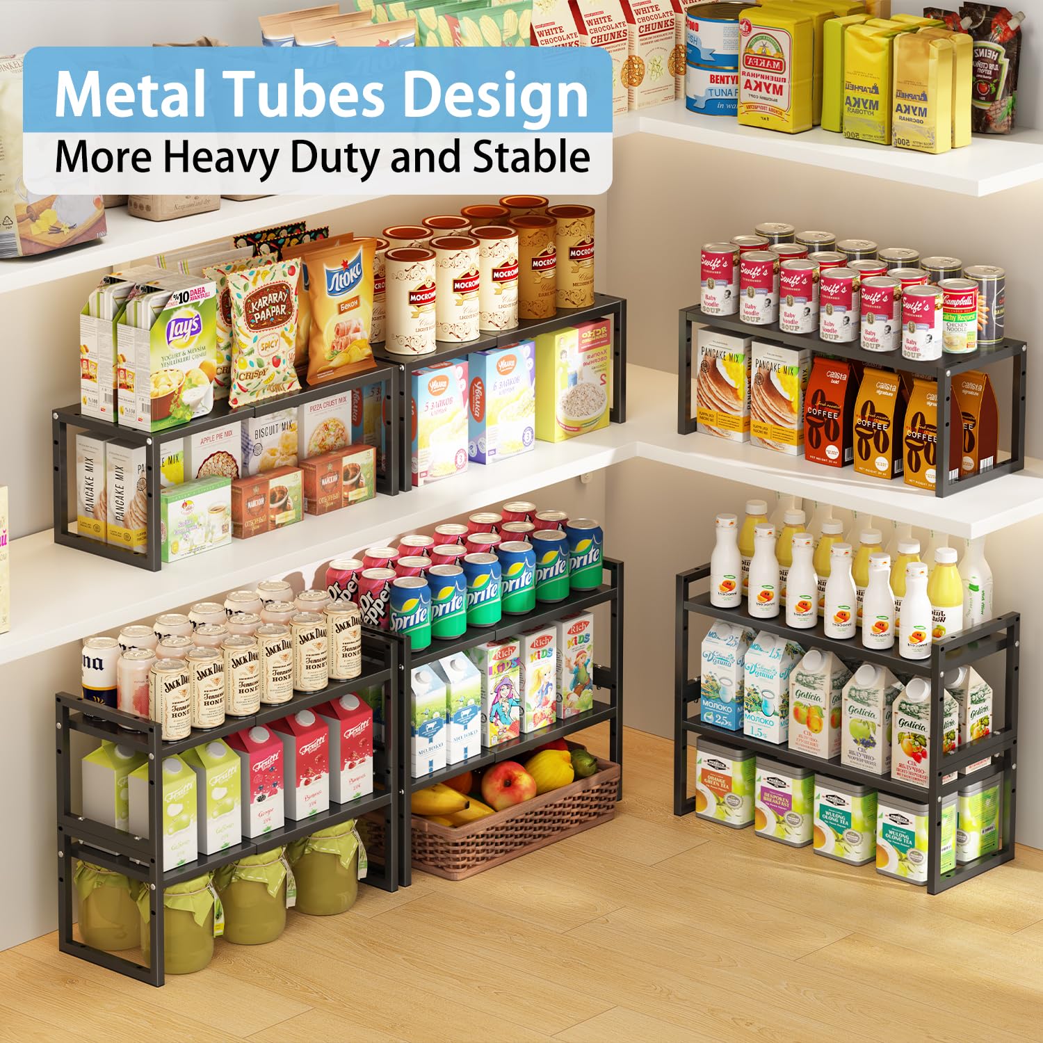 2 Pack Expandable Kitchen Cabinet Shelves Organizer,Heavy Duty Metal Shelving Units and Storage,Stackable Adjustable Kitchen Storage Organization Shelves Rack for Counter Cupboard Pantry,Length:20.5"