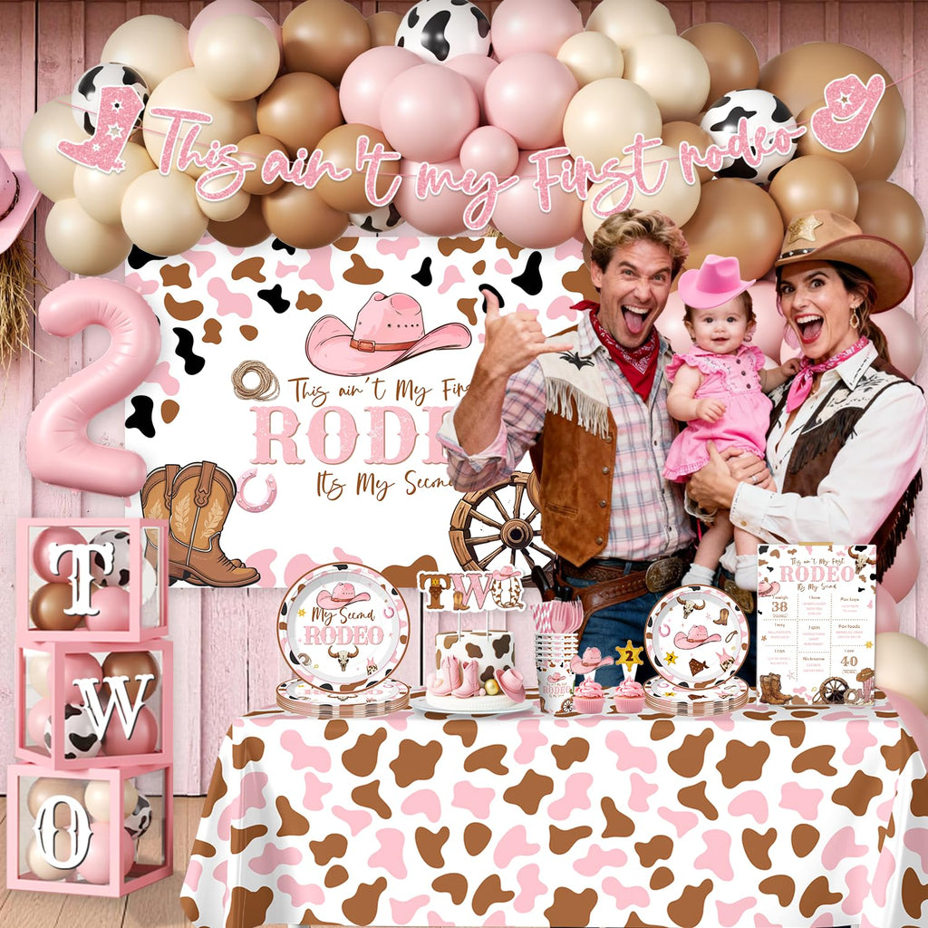 Fexivo 300pcs This Ain't My First Rodeo It's My Second Complete Party Set, for 25 Guests, Rodeo Western Cowgirl 2nd Birthday Decorations for Girl, Includes Plates Backdrop Balloon Arch Tablecloths