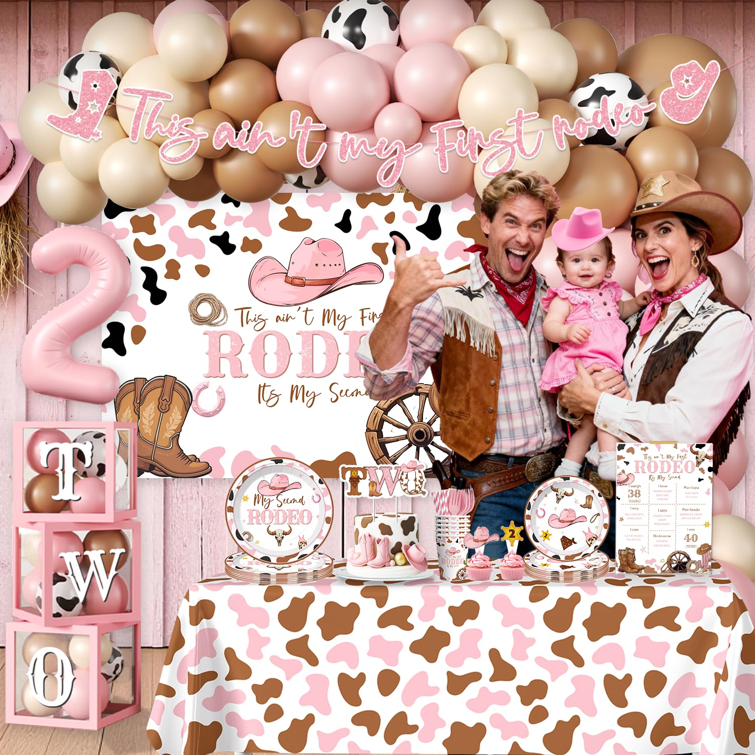 Fexivo 300pcs This Ain't My First Rodeo It's My Second Complete Party Set, for 25 Guests, Rodeo Western Cowgirl 2nd Birthday Decorations for Girl, Includes Plates Backdrop Balloon Arch Tablecloths