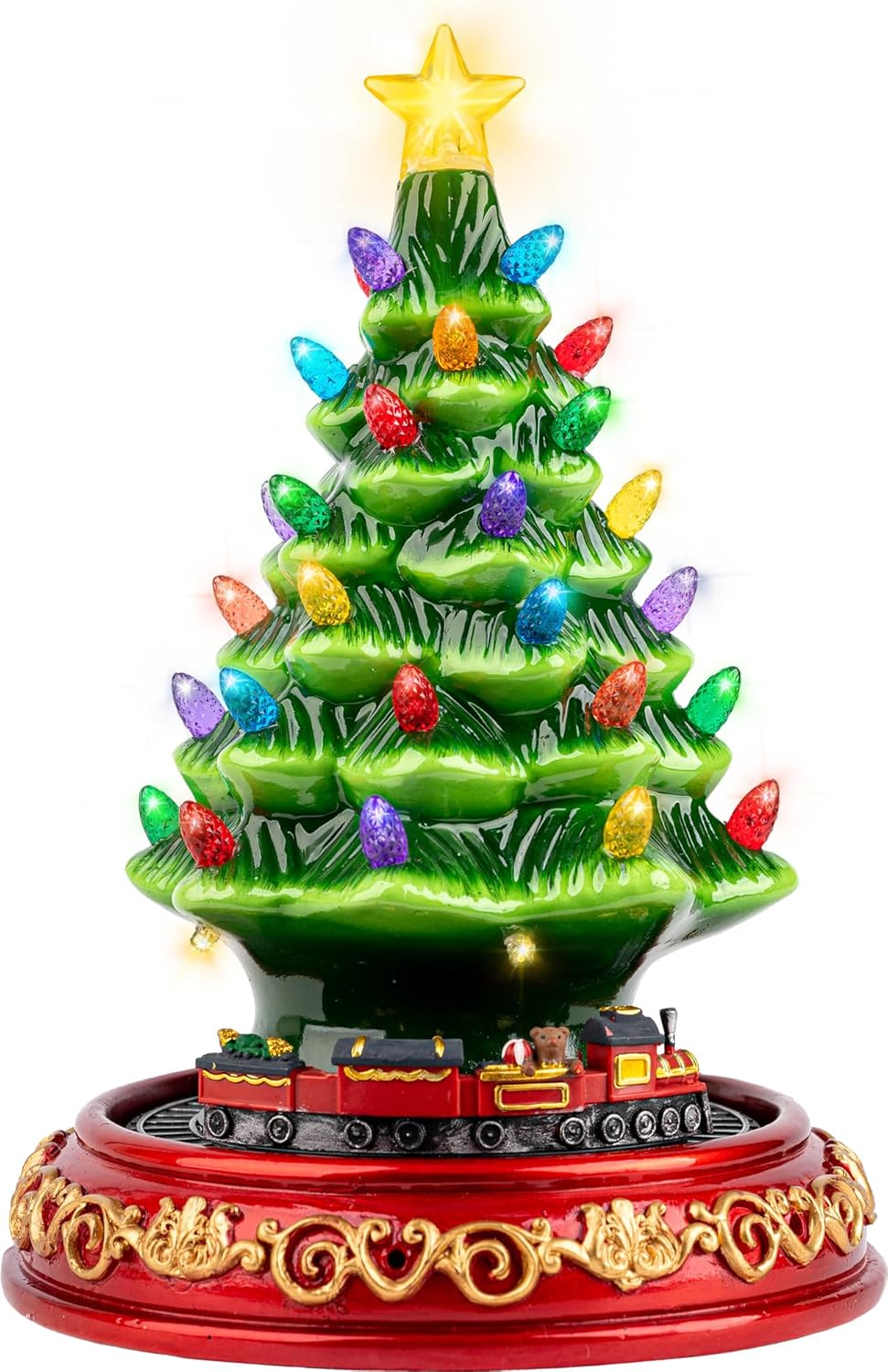 VISFLAIR Ceramic Christmas Tree - Musical Decoration with Rotating Train & 38 Multicolored Lights | Perfect Holiday Tabletop Gift