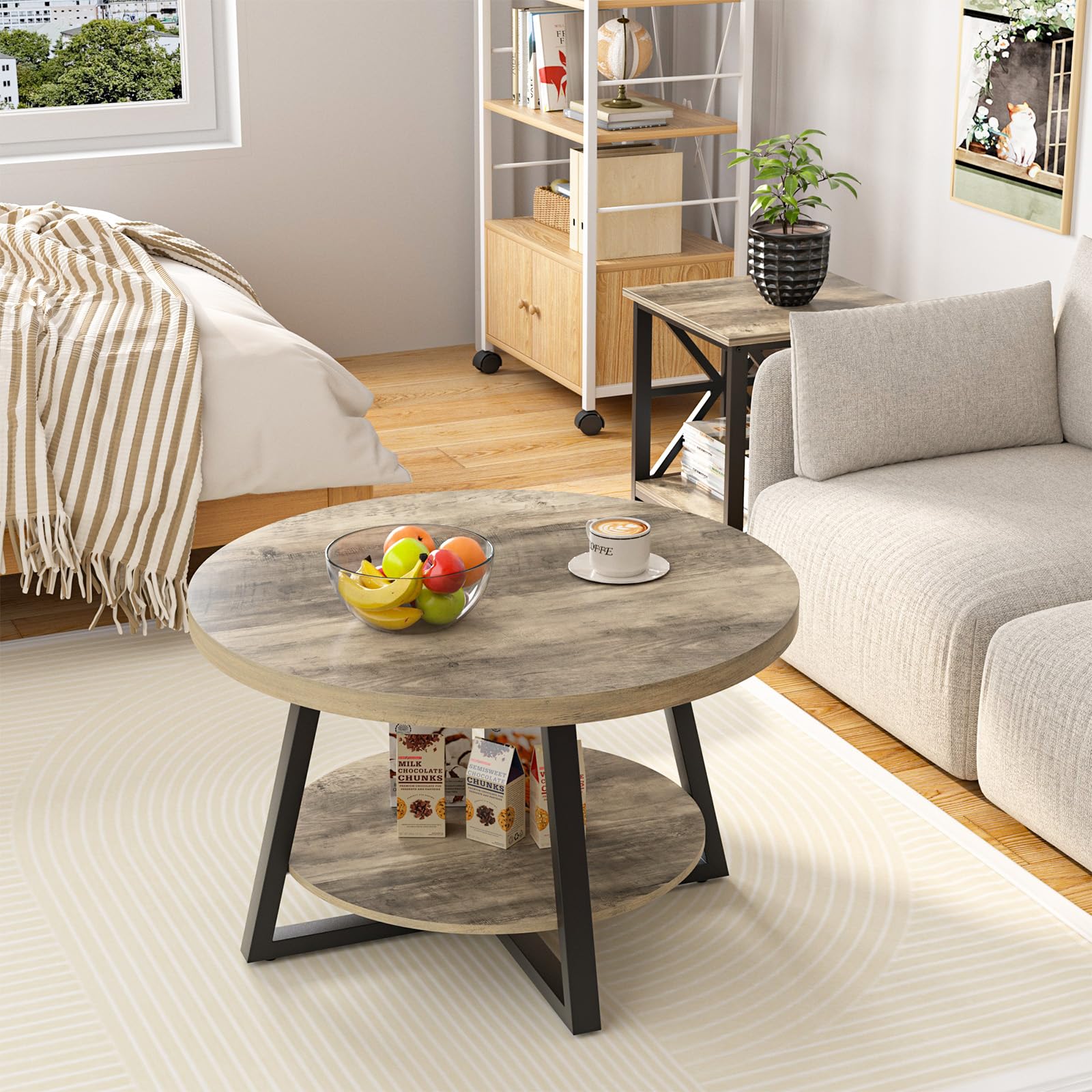 GreenForest Round Coffee Table with Storage, 30 inch Circle Center Tables for Living Room, Modern Sofa Table for Small Spaces, Home Office, Easy Assembly, Grey Wash