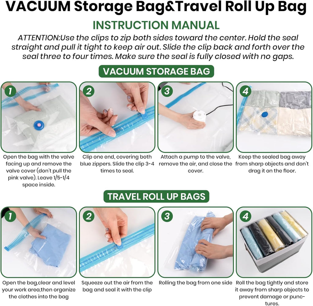 Skiennix Vacuum Storage Bags - 20-Pack with Electric Air Pump for Clothes & Comforters | 4 Jumbo, 4 Large, 4 Medium, 4 Small, 4 Roll-Up Bags