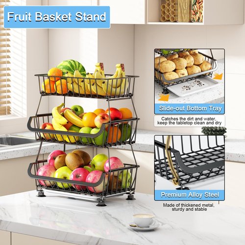 3-Tier Rolling Pantry Floor Organizer, Stackable Pantry Storage Cart with Wheels, Metal Wire Pantry Baskets, Kitchen Fruit Basket Stand, Vegetable Storage Rack for Fruits Snacks Onions Potatoes,1 Pack