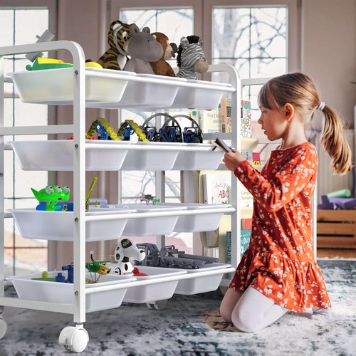 WGOHOSE 2025 Toy Storage Organizer with Bookshelf - 12 Storage Bins & Fabric Book Sling – Kids Toy Organizer and Bookshelf on Wheels for Kids Room, Playroom, Nursery, or Classroom