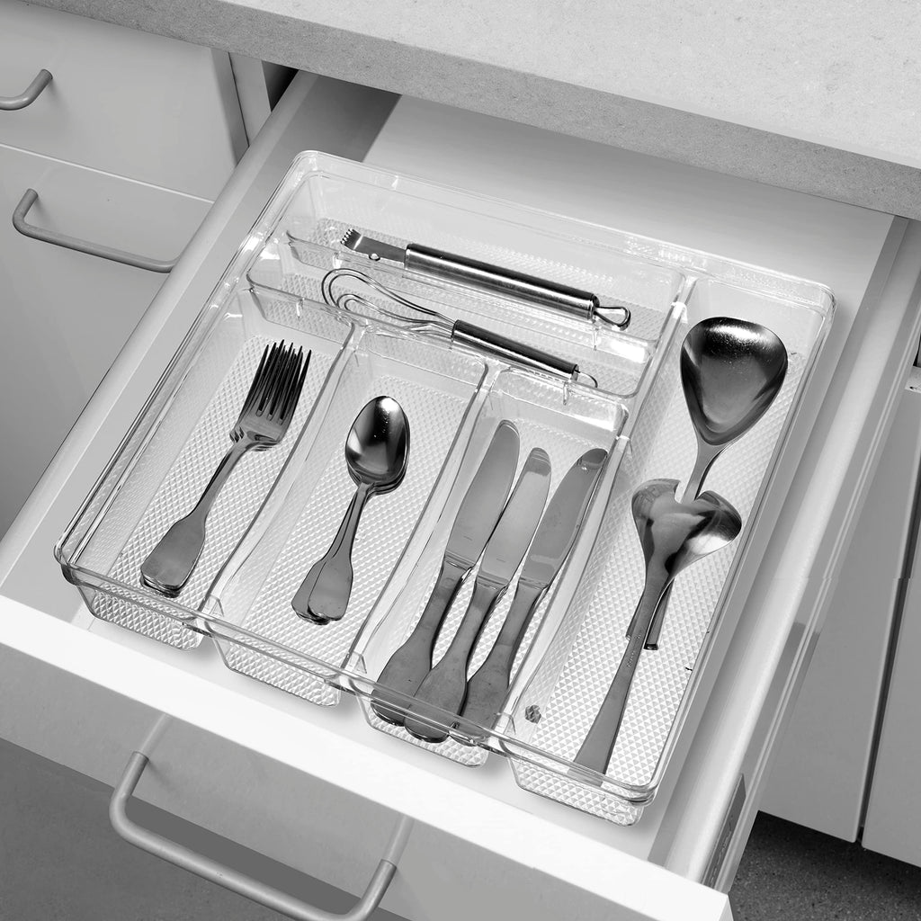 Oggi Silverware Organizer Tray, 6-Compartment, Clear
