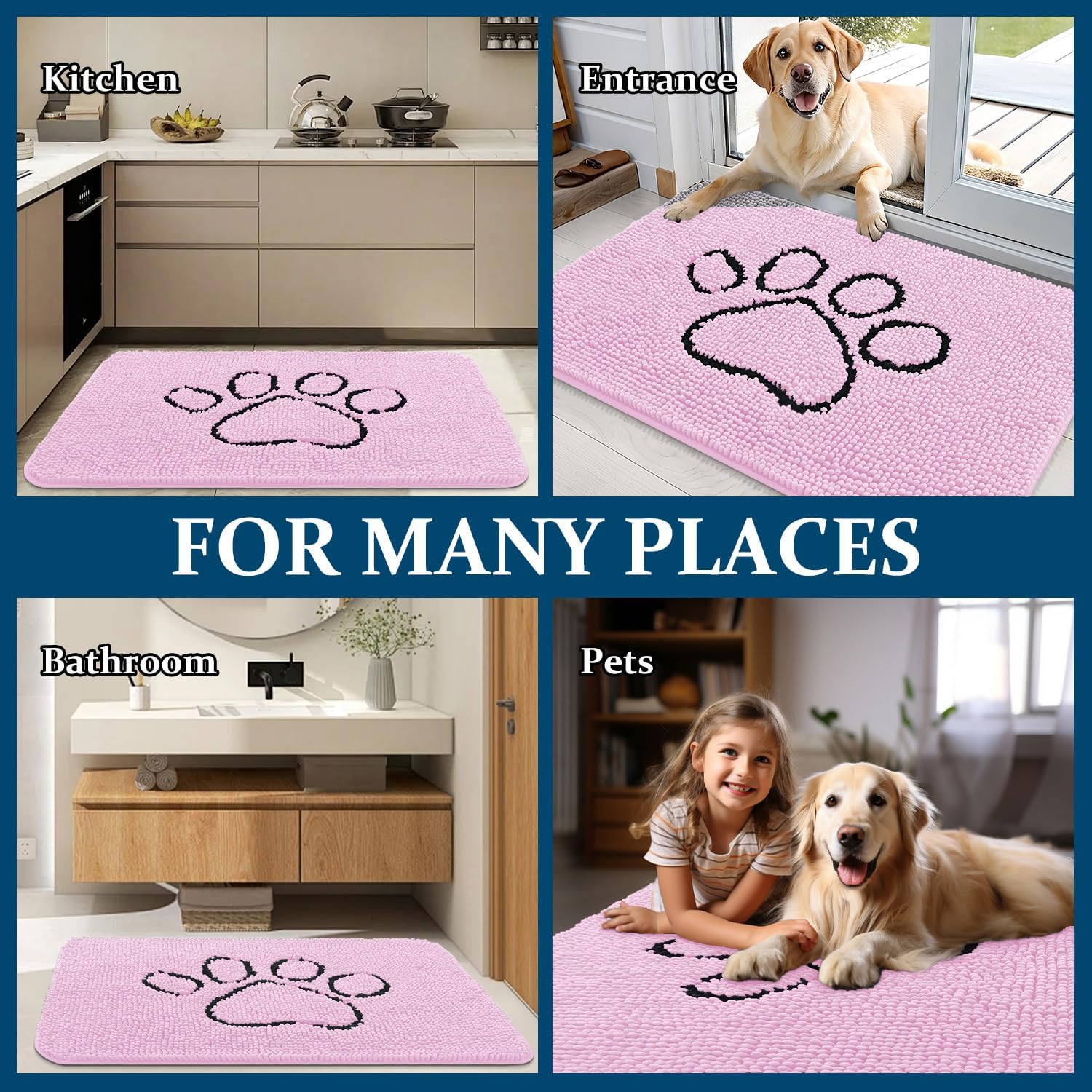 OLANLY Dog Door Mat - Absorbent Non-Slip Mud Mat for Paws | Quick Dry Chenille, 30x20, Pink