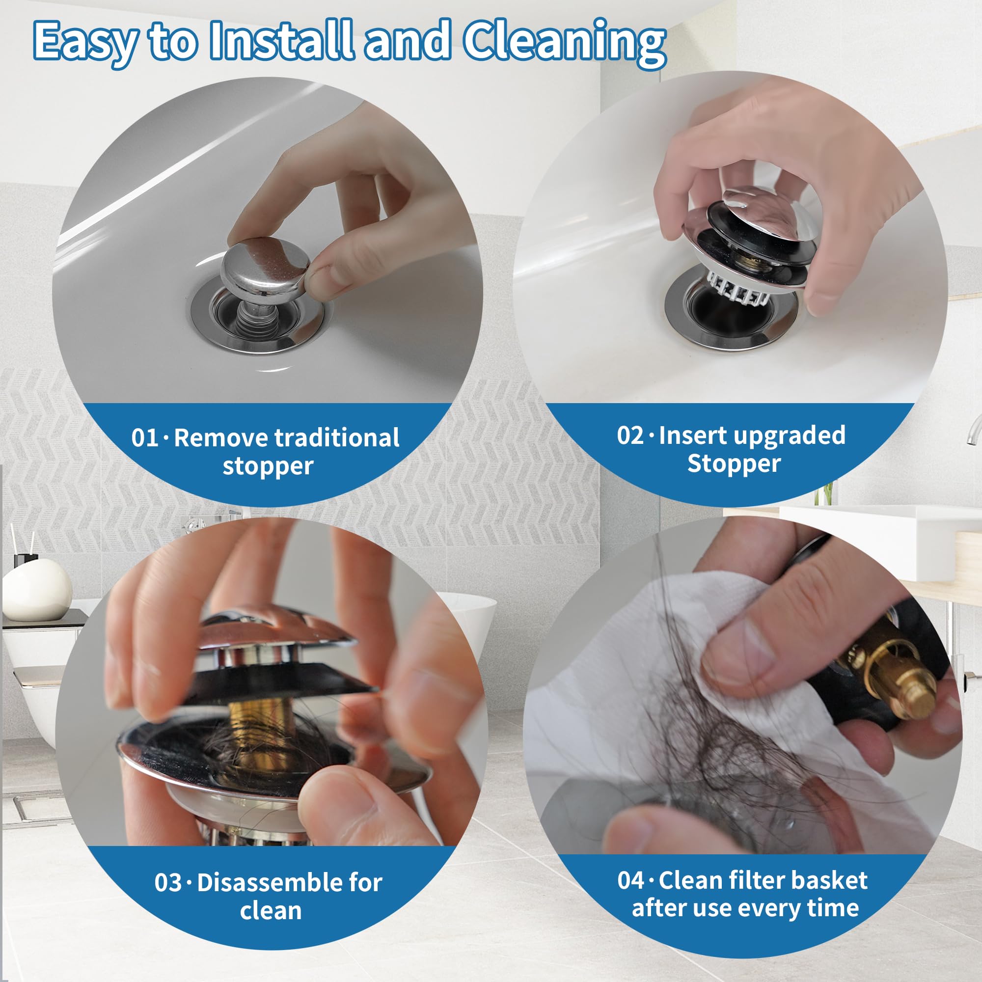 Universal 3 in 1 Bathtub Drain Stopper, Pop up Tub Stopper Bathtub Drain with Filter Basket, Anti-Clogging Bath Tub Drain Stoppers Fit 1.45-1.8” Hole,Bathtub Drain Hair Catcher