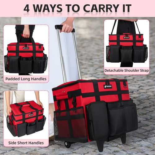 VSHXENG Rolling Cleaning Caddy Bag with Wheels, Large Cleaning Cart Detachable Trolley, Cleaning Bags for Housekeepers With Shoulder Strap & Multi Pockets for Cleaning Tools Storage (Red)
