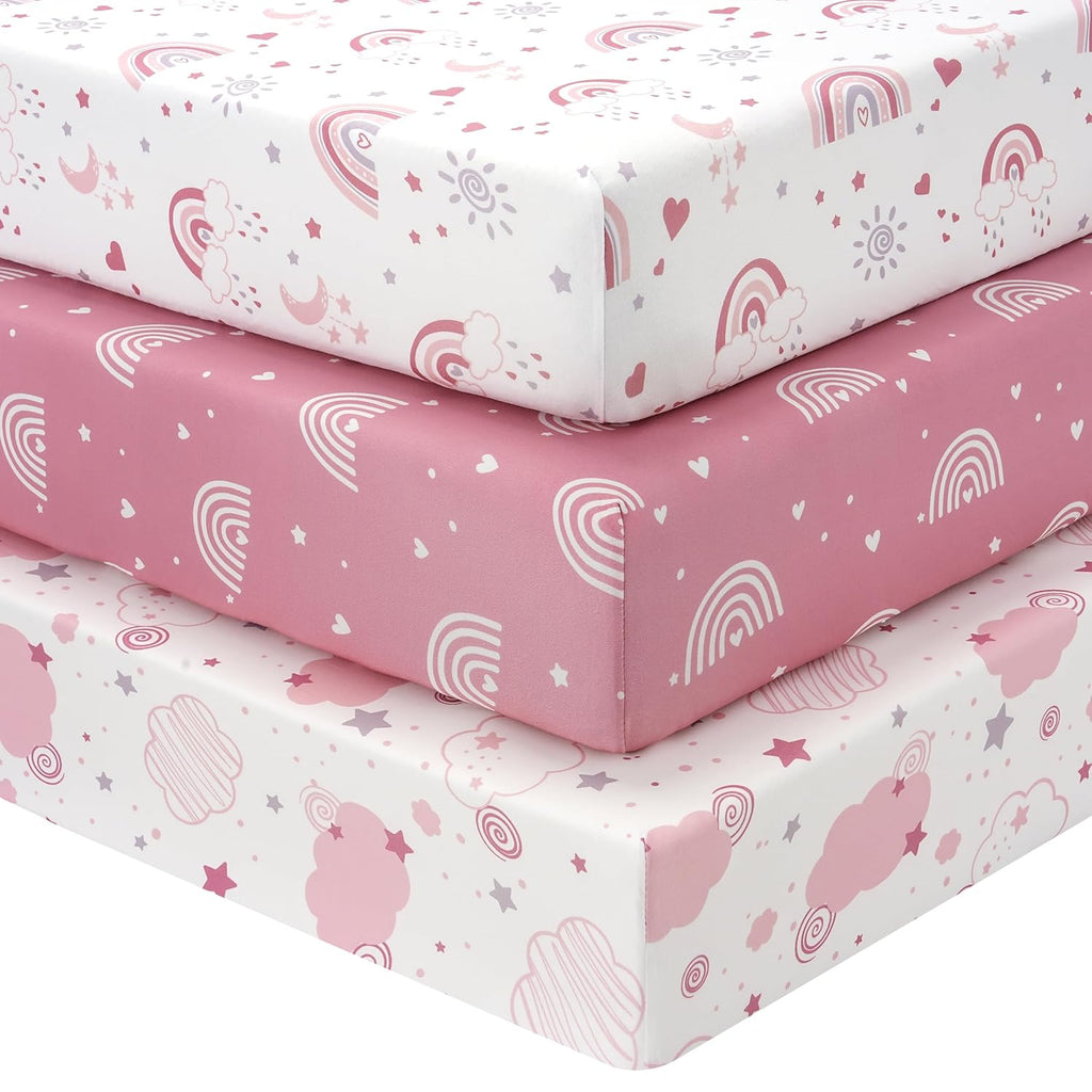 Skiennix Baby Crib Sheets - 3 Pack Fitted Toddler Bed Sheets, Super Soft Microfiber, Pink Rainbow | 52”x28”