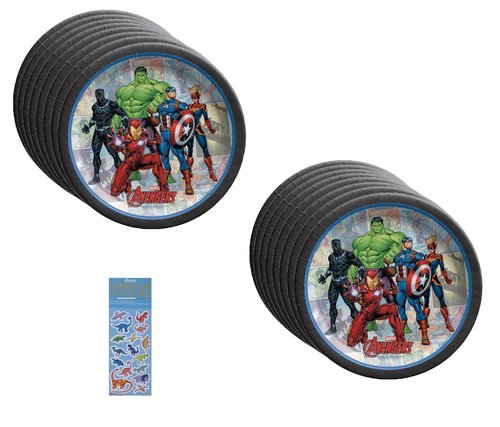 Avengers Birthday Party Supplies Bundle includes Dessert Cake Paper Plates and 1 Dinosaur Sticker Sheet