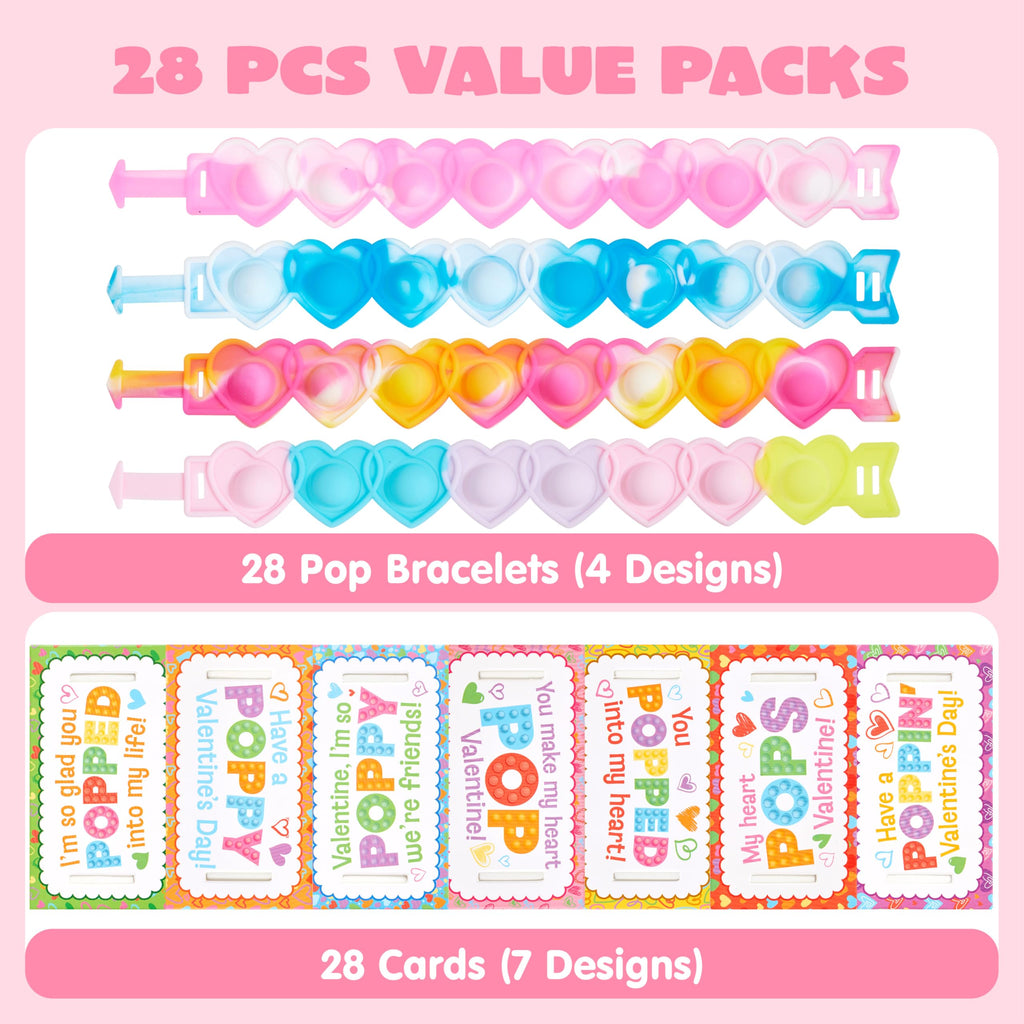 JOYIN 28 PCS Valentine's Day Gifts Cards with Heart Pop Fidget Bracelets, Stress Relief Pop Bubble Fidget Toys for Kids Girls Boys Valentines Classroom School Exchange Gifts, Party Favor Prizes