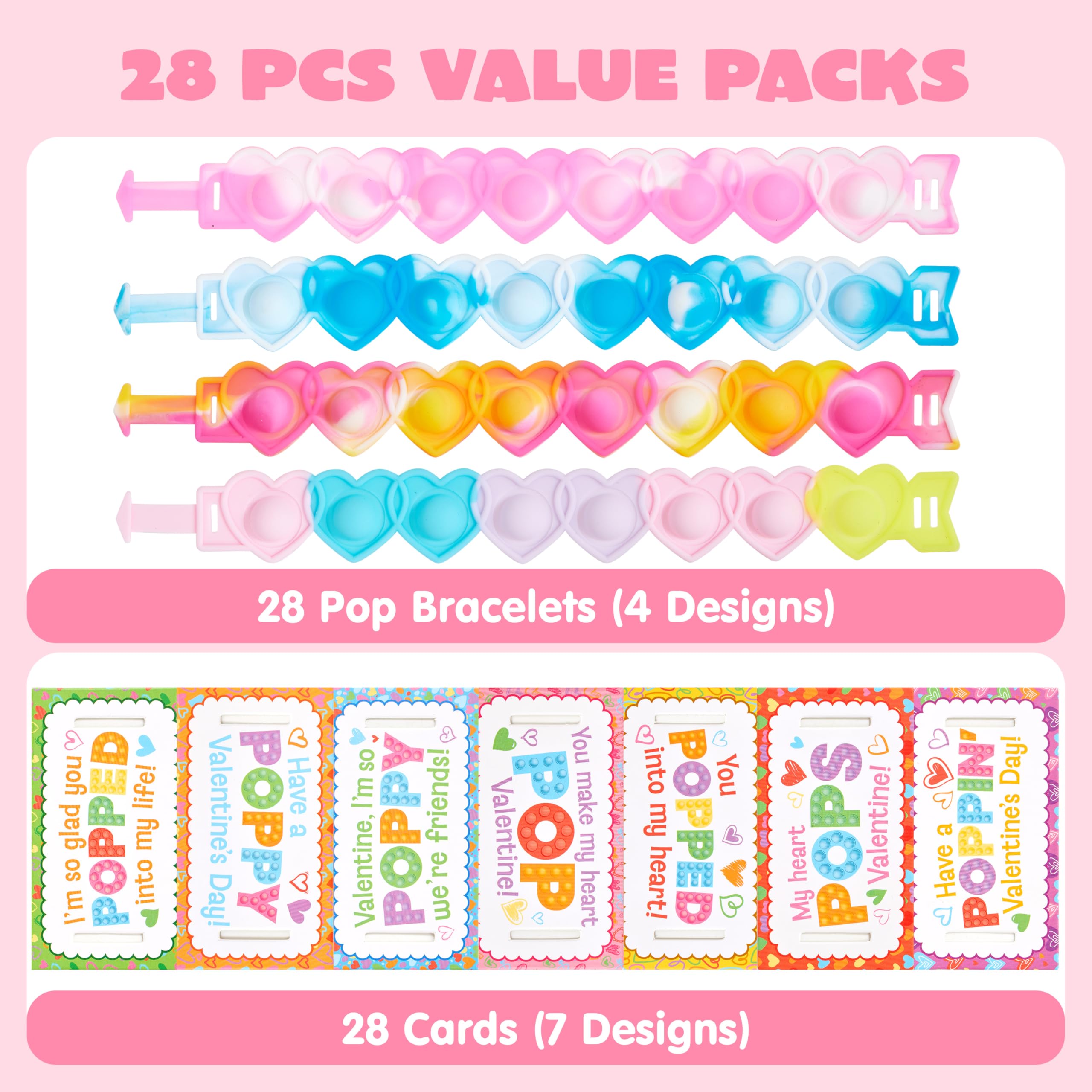 JOYIN 28 PCS Valentine's Day Gifts Cards with Heart Pop Fidget Bracelets, Stress Relief Pop Bubble Fidget Toys for Kids Girls Boys Valentines Classroom School Exchange Gifts, Party Favor Prizes