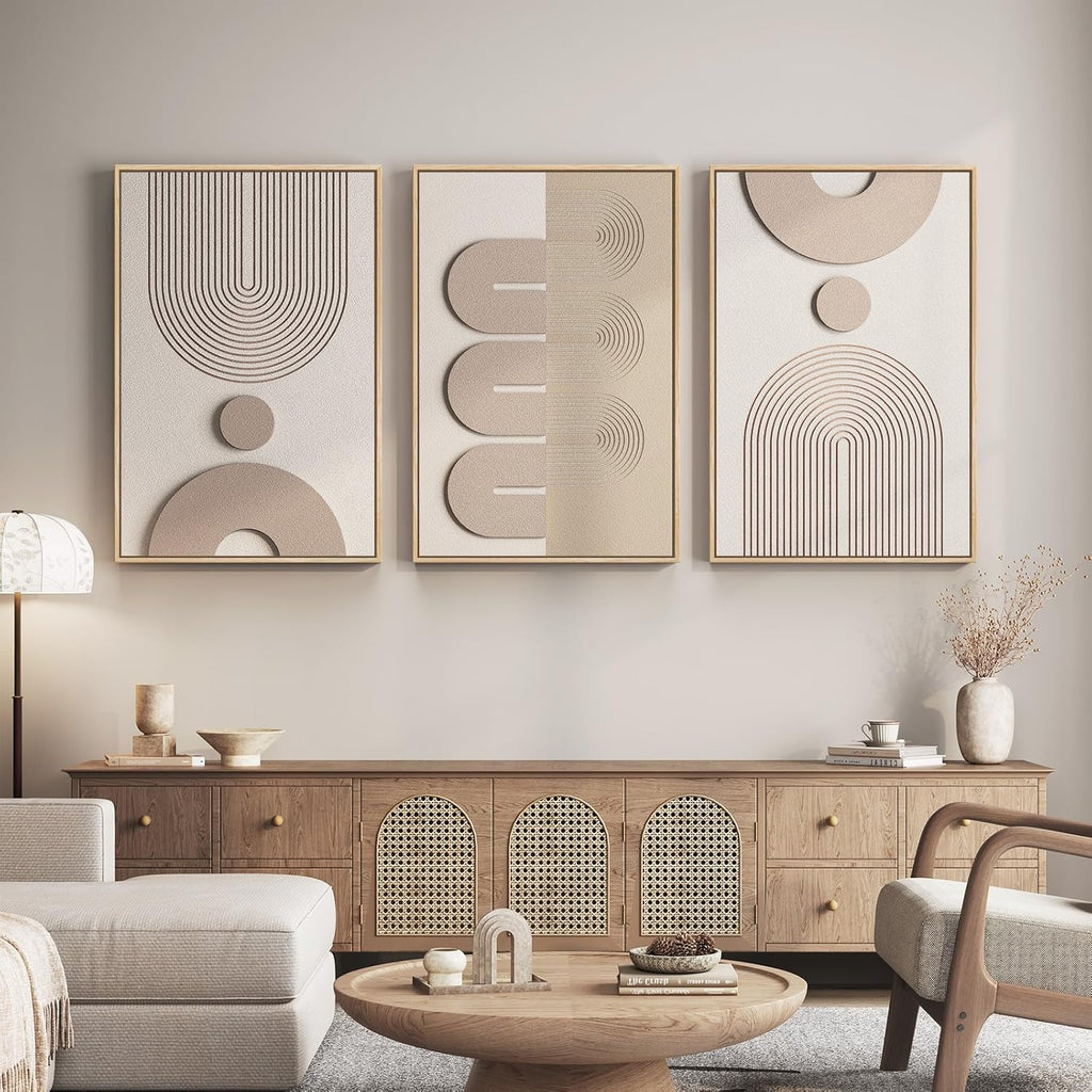 Skiennix Large 3D Textured Framed Boho Wall Art - Modern Beige & White Abstract Paintings | 24x36 In, 3 Piece Set