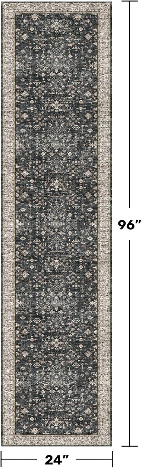Skiennix Black Washable 8ft Long Runner Rug - Non-Slip Boho Vintage Design for High Traffic Areas