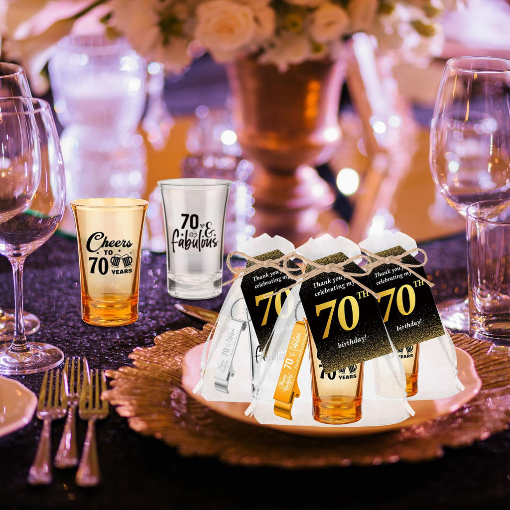Domensi 50 Sets 70th Birthday Party for Guests Bulk Include Cheers to 70 Short Glasses Beer Bottle Opener Keychains Thank You Cards with Gift Bags and Ropes for Birthday Party Gifts