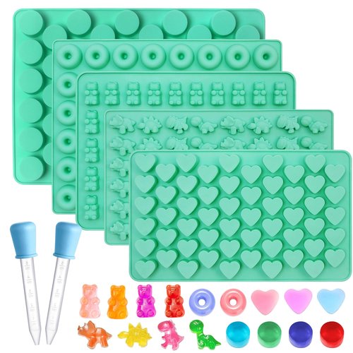 7Pcs Gummy Bear Molds Silicone, Nonstick Gummy Molds Includes Bear, 55 Cavity Round Molds, Dinosaur, Heart, Donut, Gummy Candy Chocolate Molds for Kids with 2 Droppers for Convenient Filling