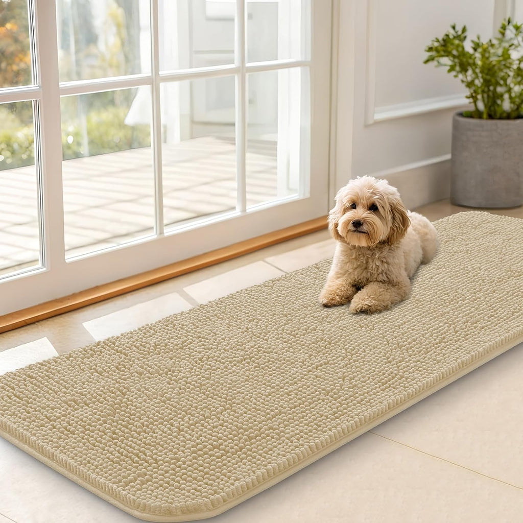 OLANLY Dog Door Mat - Absorbent Non-Slip Chenille Mat for Muddy Paws | 59x20 Inches, Beige