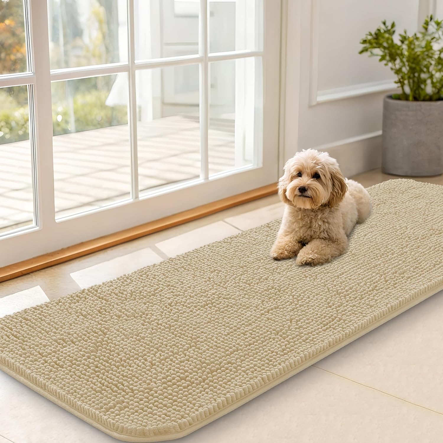 OLANLY Dog Door Mat - Absorbent Non-Slip Chenille Mat for Muddy Paws | 59x20 Inches, Beige