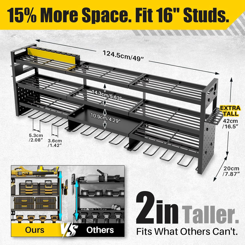 Power Tool Organizer Wall Mount - 8-Outlet Charging Station | Heavy-Duty Garage Storage Rack with Cordless Drill Holder
