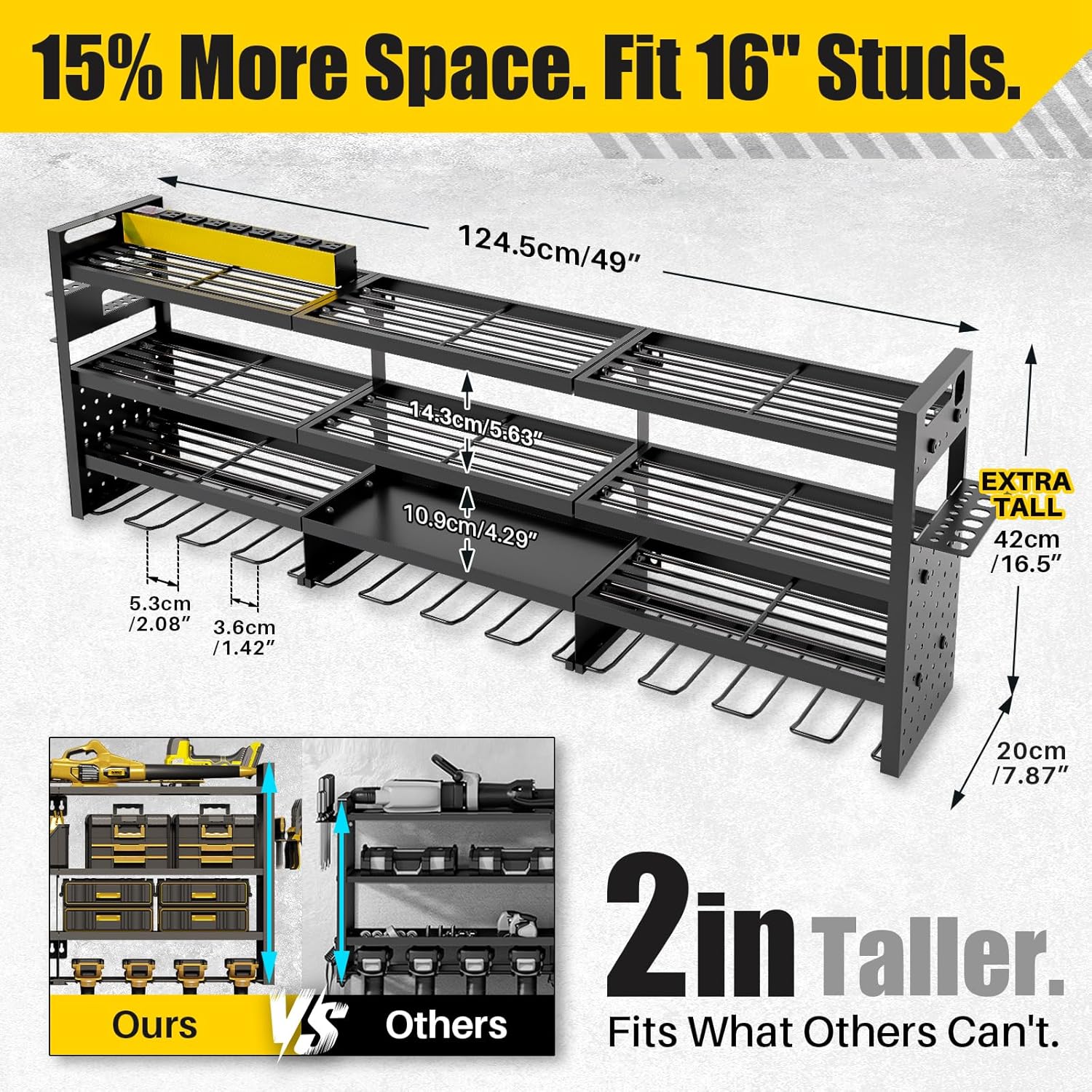 Power Tool Organizer Wall Mount - 8-Outlet Charging Station | Heavy-Duty Garage Storage Rack with Cordless Drill Holder