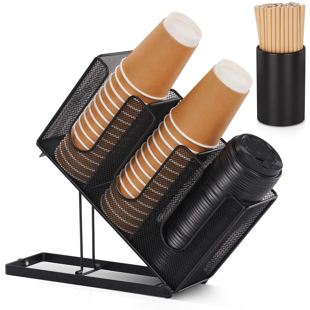 Cairondin Paper Cup and Lid Holder with Straw Organizer for Countertop Coffee Station Bar Restaurant Breakroom, Metal Midsize Disposable Coffee Cup Dispenser for Plastic Cup Lid Straw, Black