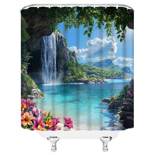 AEMBEE Tropical Ocean Shower Curtain Blue Sea Leaves Floral Hawaii Nature Scenery Landscape Spring Summer Fabric Decorative Bathroom Curtains with Hooks,Blue Green