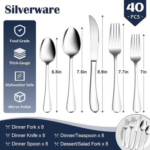 E-far Heavy Duty Silverware Set - 40-Piece Stainless Steel Flatware for 8 | Thick Utensils, Dishwasher Safe