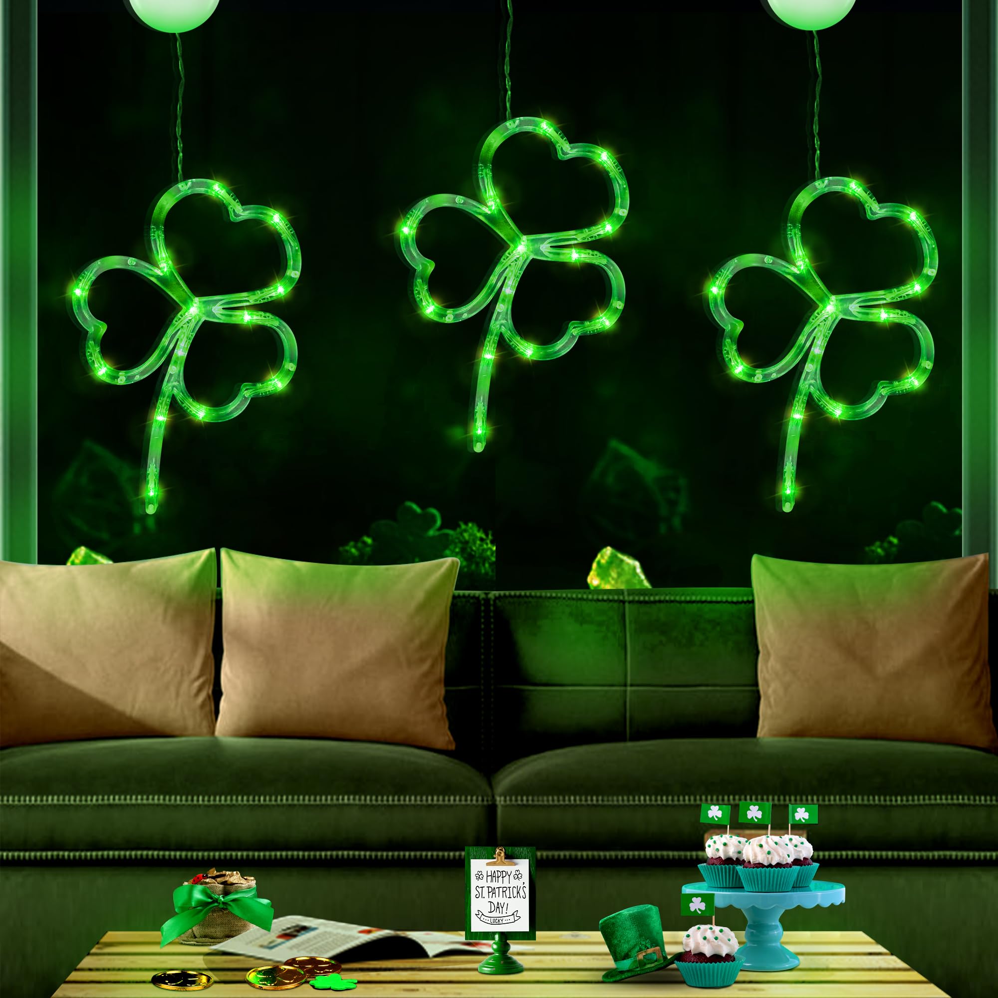 [Timer] 3 Pack St Patricks Day Decorations Shamrocks Window Lights Battery Operated, Green St. Patrick's Day Lights Saint Patricks Day Decor Window Silhouette Lights for Home Party Door Indoor Outdoor
