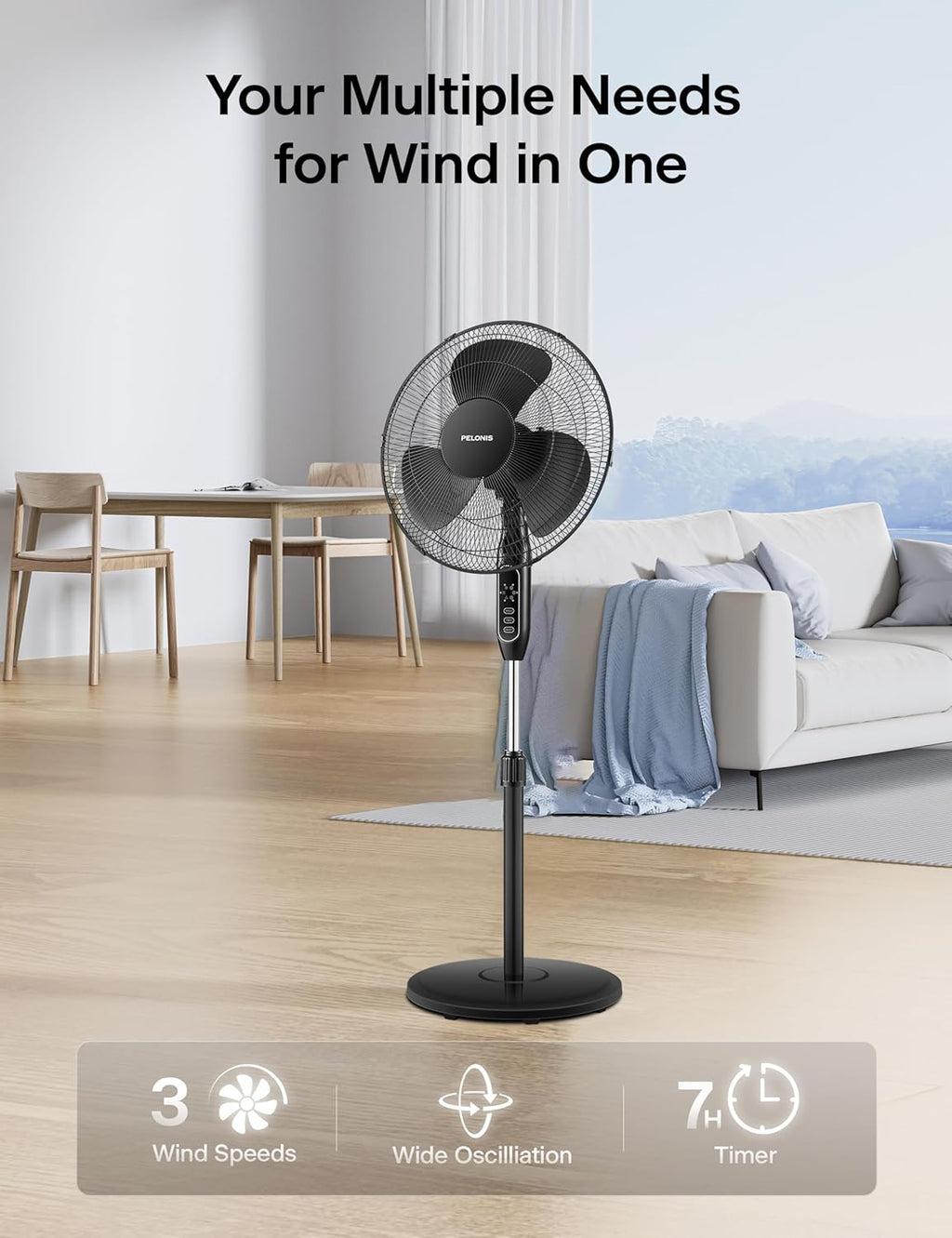 PELONIS 16'' Pedestal Fan - Remote-Controlled, 90° Oscillation, Adjustable Height | Ideal for Bedroom & Office Cooling