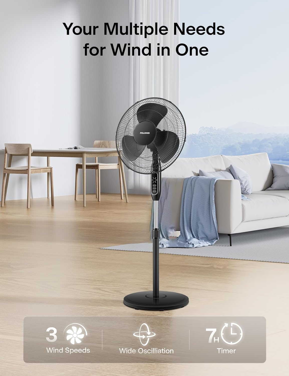 PELONIS 16'' Pedestal Fan - Remote-Controlled, 90° Oscillation, Adjustable Height | Ideal for Bedroom & Office Cooling
