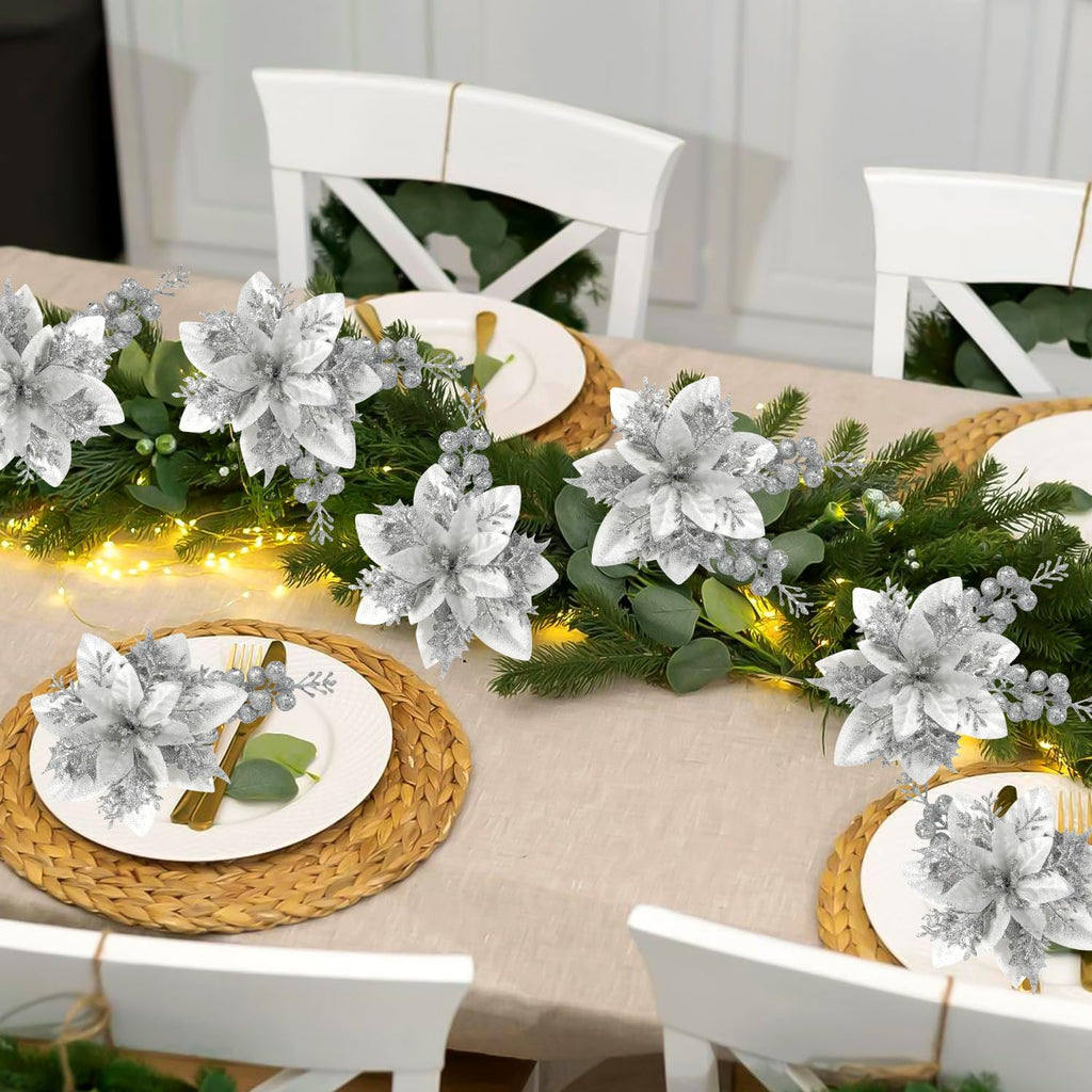 Trytuny Glitter Poinsettia Christmas Ornaments - 50pcs Artificial Flowers with Clips for DIY Wreaths | Silver