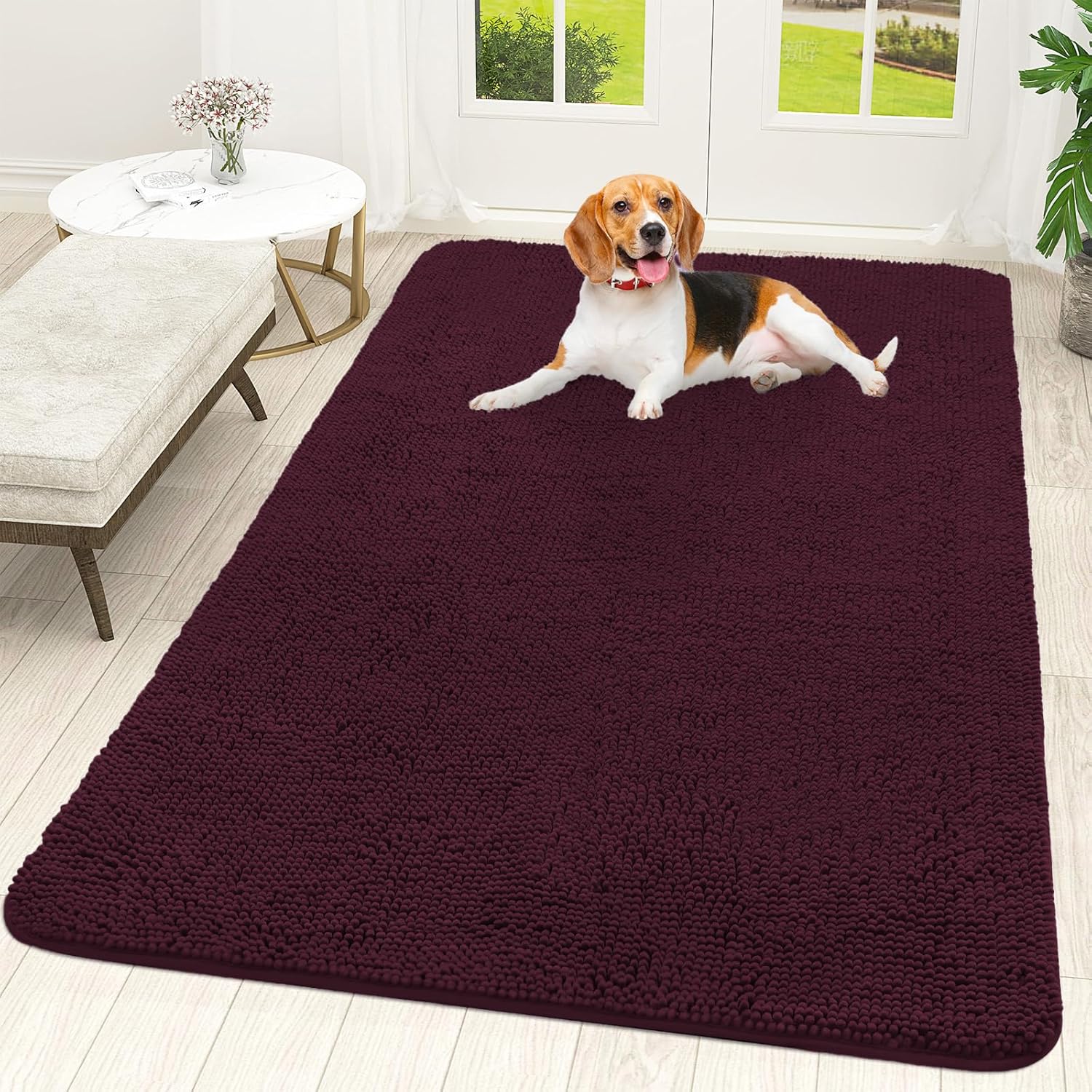 OLANLY Dog Door Mat - Absorbent Non-Slip Chenille Mat for Muddy Paws | 59x35 Inches, Quick Dry, Russet